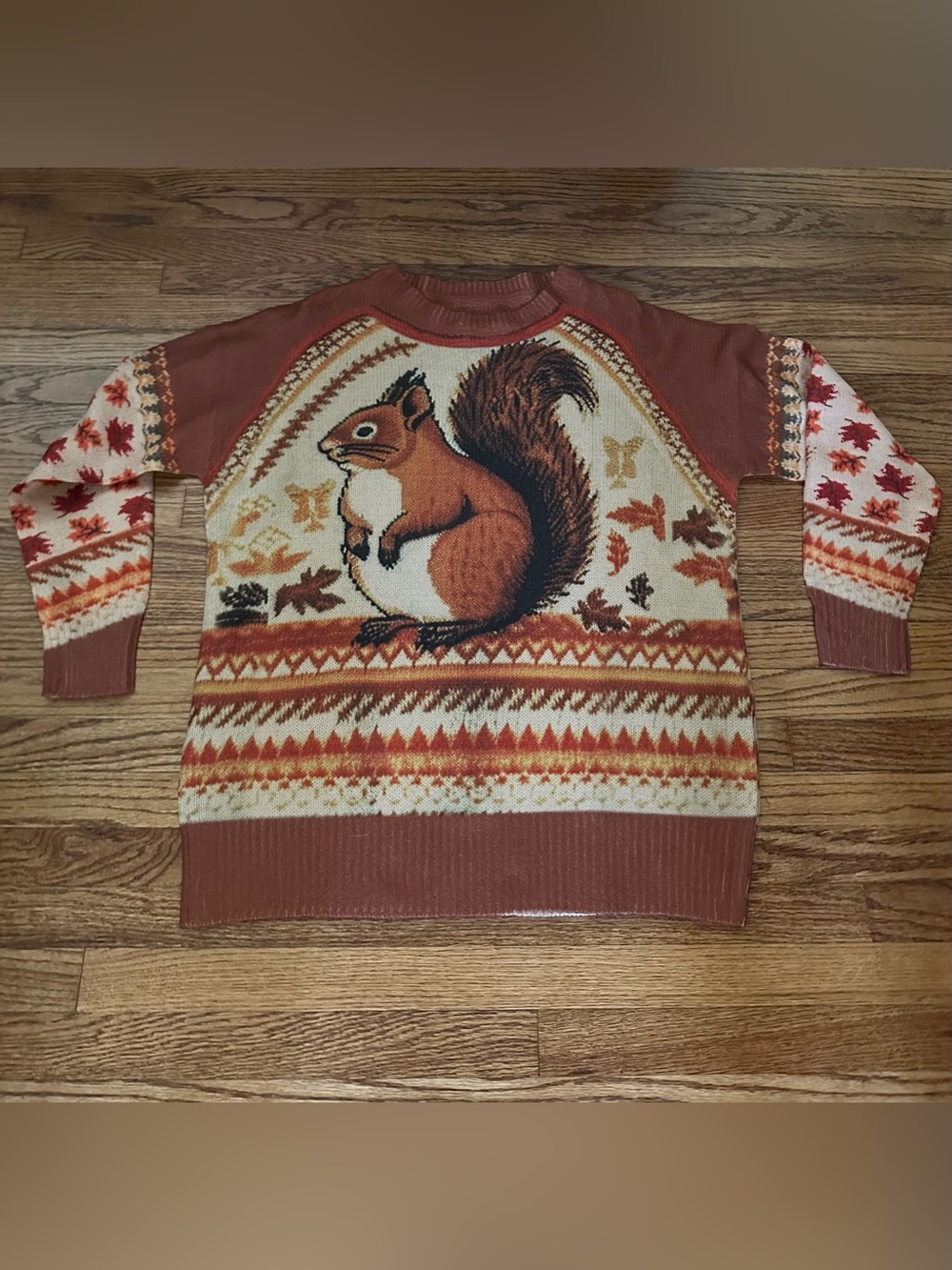 Novelty Autumn Squirrel Crewneck Print Pattern Sweater - Size M